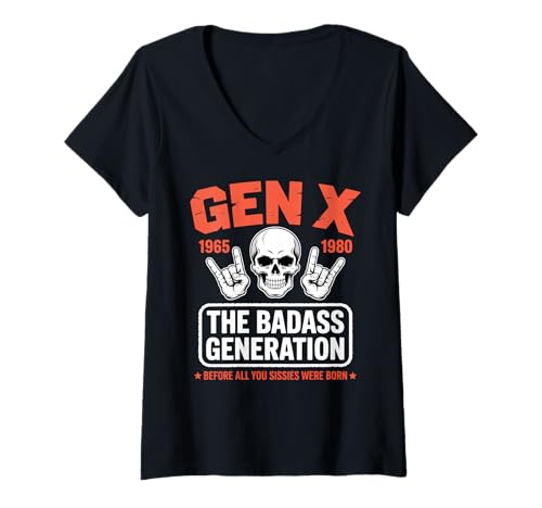 Damen Generation X Badass Generation Bevor Weicheier geboren wurden Lustige Generation X T-Shirt mit V-Ausschnitt Damen Generation X Badass Generation Bevor Weicheier geboren wurden Lustige Generation X T-Shirt mit V-Ausschnitt von Gen X Generation Funny Rock Hand Retro Skeleton