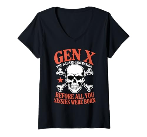 Damen Generation X Badass Generation Bevor alle Weichlinge geboren wurden Gen X T-Shirt mit V-Ausschnitt Damen Generation X Badass Generation Bevor alle Weichlinge geboren wurden Gen X T-Shirt mit V-Ausschnitt von Gen X Generation Funny Rock Hand Retro Skeleton