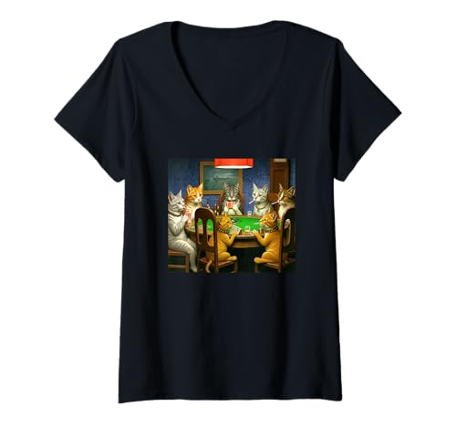 Damen Katzen Rauchen Zigarette Meme Katzen Spielen Poker T-Shirt mit V-Ausschnitt Damen Katzen Rauchen Zigarette Meme Katzen Spielen Poker T-Shirt mit V-Ausschnitt von Gen Z Meme Co.