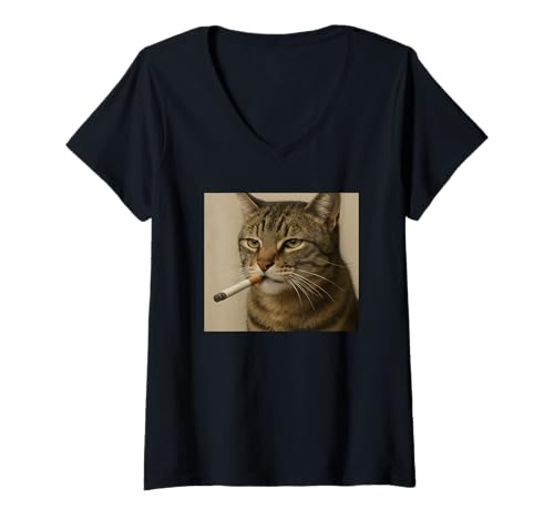 Damen Smoking Cat Generation Z Meme Cat Smoking Zigarette T-Shirt mit V-Ausschnitt Damen Smoking Cat Generation Z Meme Cat Smoking Zigarette T-Shirt mit V-Ausschnitt von Gen Z Meme Co.