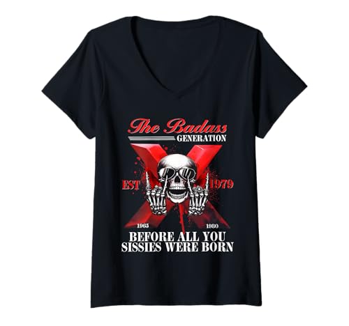 Damen Gen X Badass Generation Lustiges Skelett Shirt Gen X Est 1979 T-Shirt mit V-Ausschnitt Damen Gen X Badass Generation Lustiges Skelett Shirt Gen X Est 1979 T-Shirt mit V-Ausschnitt von Gen x shirts for men women