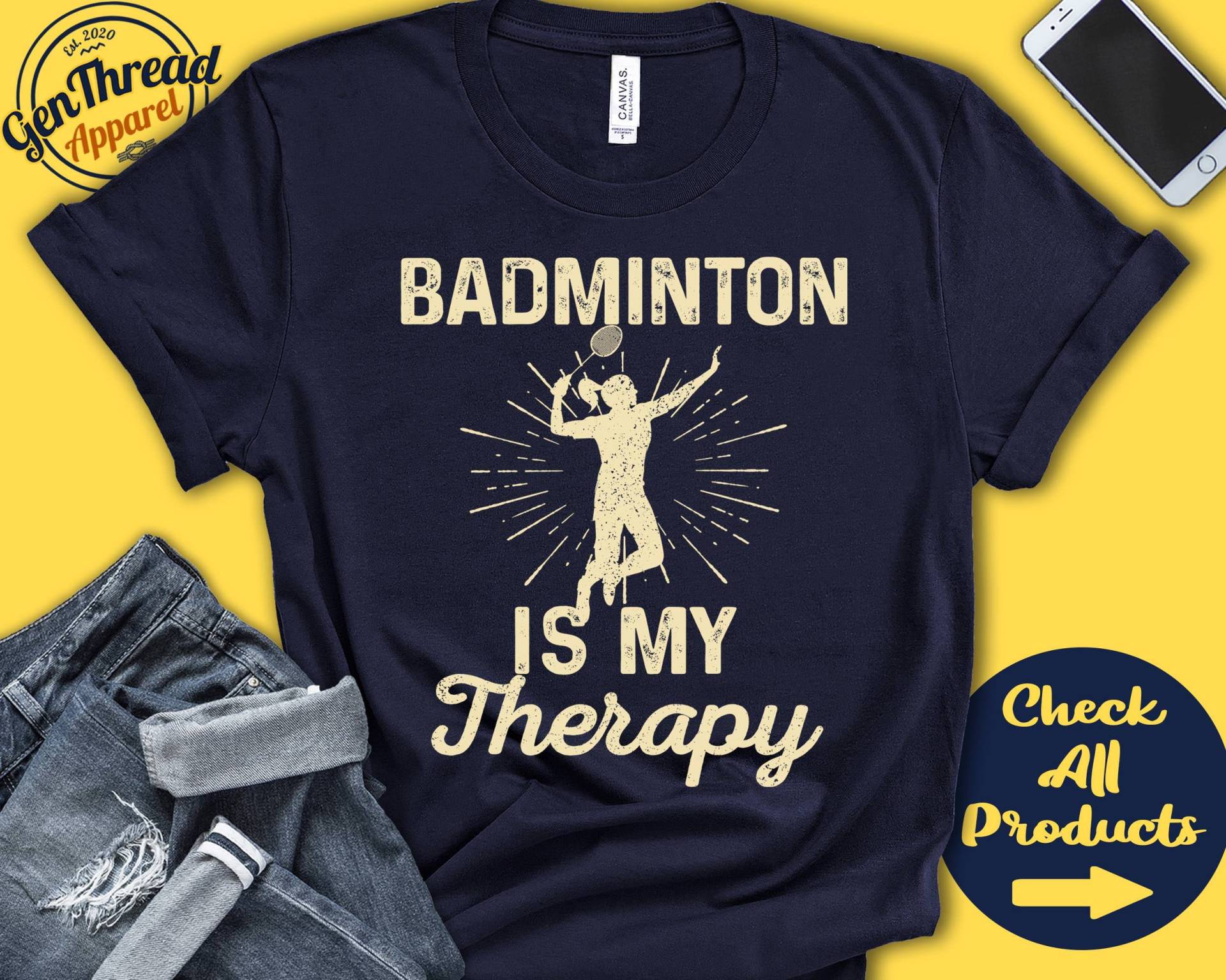 Federball-Shirt | Badminton Ist Meine Therapie Spieler Geschenk Liebhaber Mädchen Frauen T-Shirt Schläger Schlägersport Tank Hoodie A2114 von GenThreadApparel