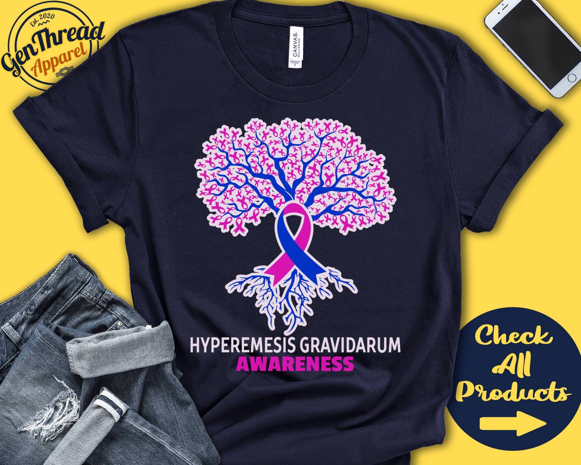 Hyperemesis Gravidarum T-Shirt | Hg Bewusstsein Lebensbaum Rosa Und Blaues Band Kämpfer Kriegerin Kapuzenpullover Für Damen A2982 von GenThreadApparel