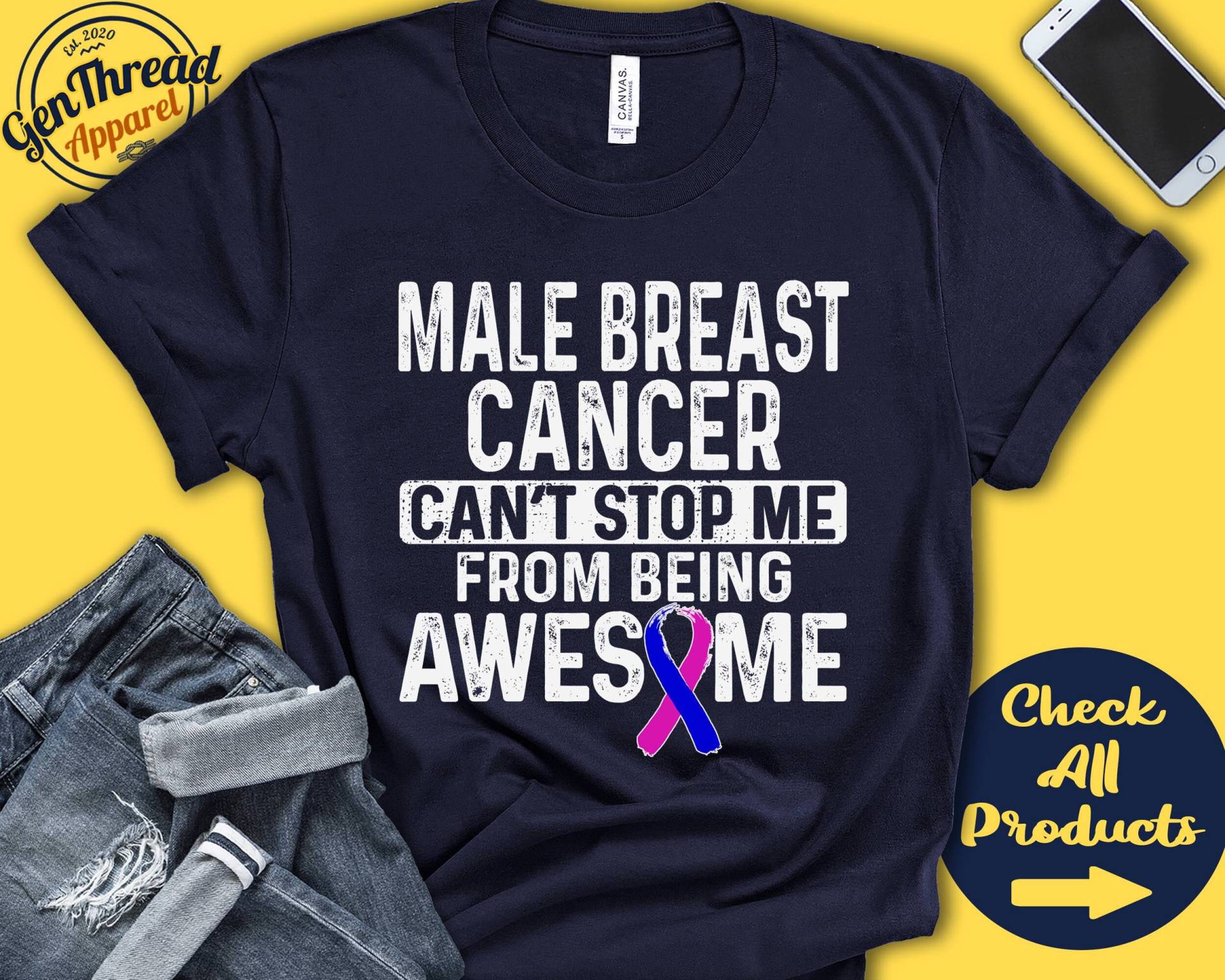Männlicher Brustkrebs Shirt | Männliches Brustkrebsbewusstsein Rosa Und Blaues Band Kämpfer Kriegerin Eingriff Cant Stop Tank Hoodie A1167 von GenThreadApparel