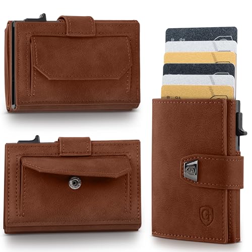 GENTO Geldbörse – kompaktes Portmonee aus Mikrofaser – RFID-Schutz – Premium-Qualität – 8 Kartenfächer – Münzfach mit Druckknopf – 3 Farben – Schiebemechanismus für Karten – Geschenkbox (Braun) von GenTo Design Germany