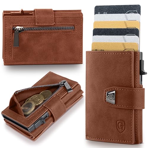 GENTO Geldbörse – kompaktes Portmonee aus Mikrofaser – RFID-Schutz – Premium-Qualität – 8 Kartenfächer – Münzfach mit Reißverschluss – 3 Farben – Schiebemechanismus für Karten – Geschenkbox (Braun) von GenTo Design Germany