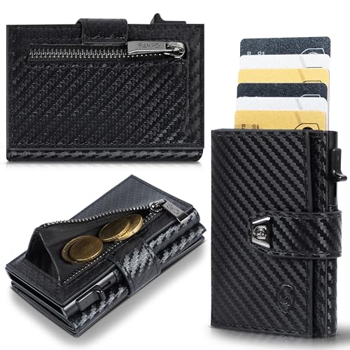 GENTO Geldbörse – kompaktes Portmonee aus Mikrofaser – RFID-Schutz – Premium-Qualität – 8 Kartenfächer – Münzfach mit Reißverschluss – 3 Farben – Schiebemechanismus für Karten – Geschenkbox (Carbon) von GenTo Design Germany