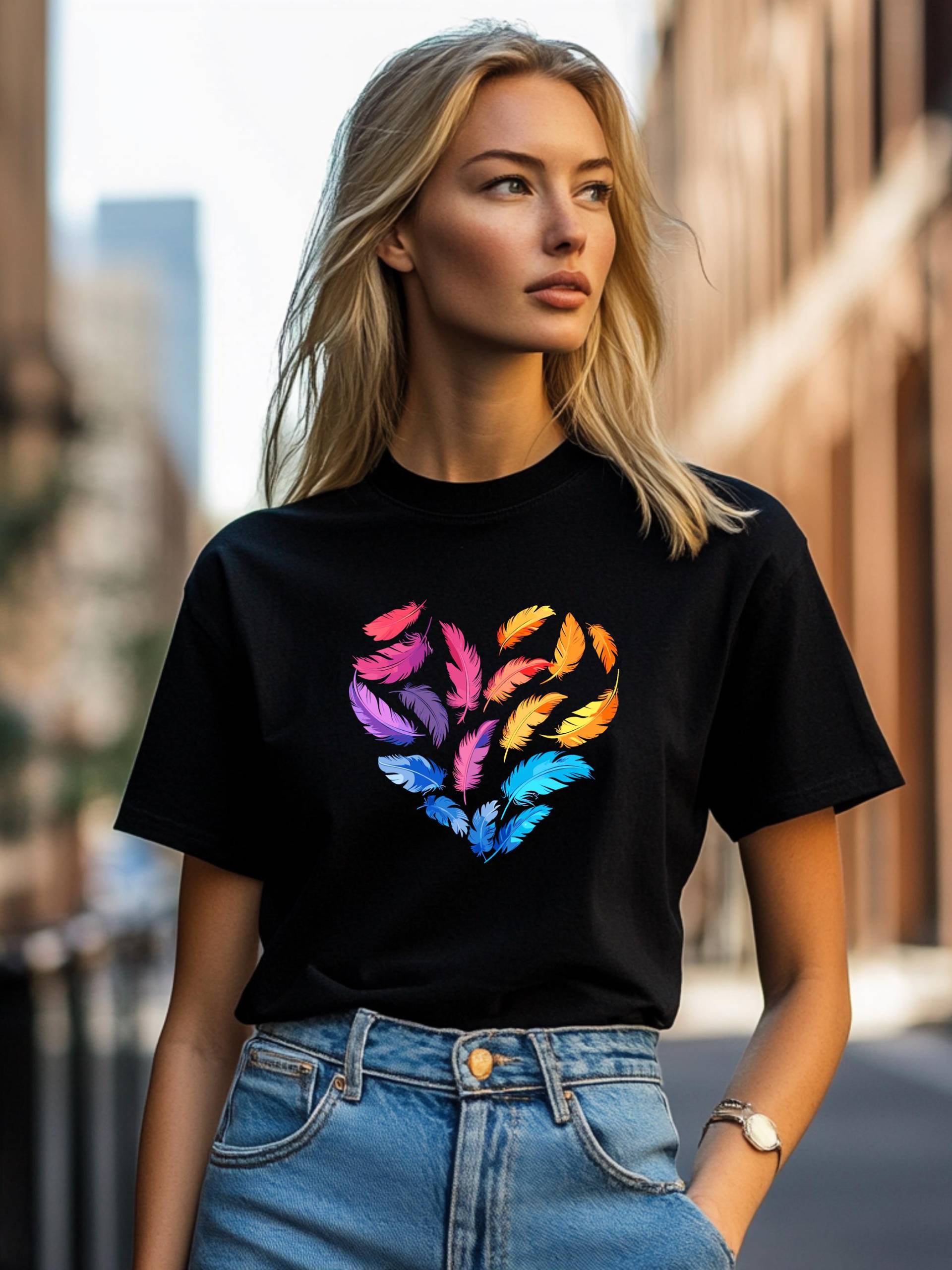 Herz Aus Federn Buntes T-Shirt Mit Herzmotiv Herz Aus Federn Buntes T-Shirt Mit Herzmotiv von GenauDeinLadenDE