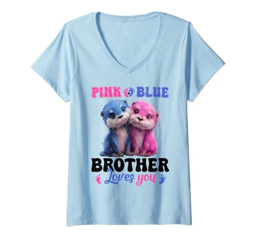 Damen Pink Or Blue Brother Loves You Cute Otter Baby Gender Reveal T-Shirt mit V-Ausschnitt von Gender Reveal Baby Boy or Girl Cow Family Matching