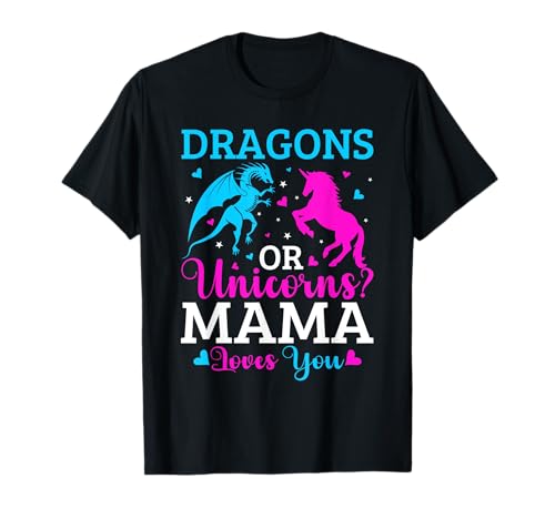Gender Reveal Party Drachen oder Einhörner rosa oder blau Mama T-Shirt von Gender Reveal Baby Shower Family Matching