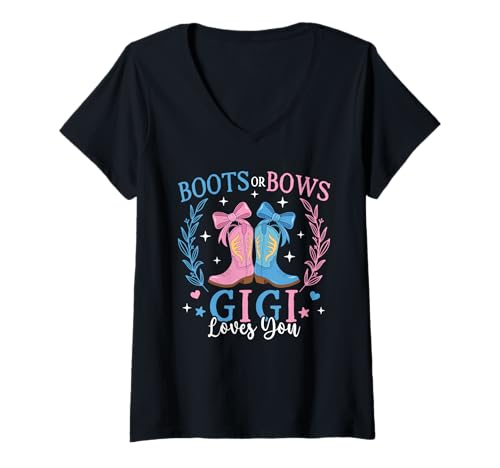 Damen Stiefel oder Schleifen Geschlecht offenbaren Dekorationen Gigi Loves You T-Shirt mit V-Ausschnitt Damen Stiefel oder Schleifen Geschlecht offenbaren Dekorationen Gigi Loves You T-Shirt mit V-Ausschnitt von Gender Reveal Decorations Boots or Bows Family MED