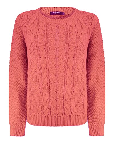 Generation Fashion Damen Strickpullover mit Zopfmuster, Rundhalsausschnitt, langärmelig Gr. M-L, korallenrot von Generation Fashion