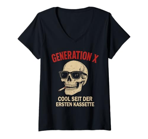 Damen Generation X Cool Seit Der Ersten Kassette T-Shirt mit V-Ausschnitt Damen Generation X Cool Seit Der Ersten Kassette T-Shirt mit V-Ausschnitt von Generation X Retro Nostalgie Skull