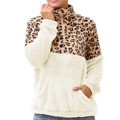 1/4 Reißverschluss Damen Teddy Pullover Leopardenmuster Warm Sherpa Teddy Fleece Sweater Damen Fleece Pullover Weich gemütlich Oversize Langarmshirt für Frauen Mit Taschen von Generic