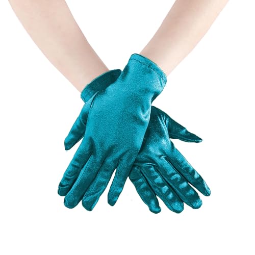 1 Paar kurze Satin-Fingerhandschuhe, 1920er-Jahre, Opernparty, Hochzeit, Braut, Etikette-Handschuhe, Pfauengrün, Einheitsgröße von Generic