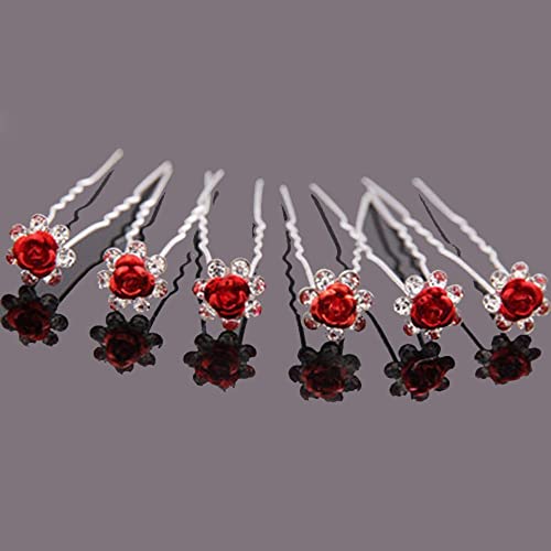 10 Stück Hochzeit Kristall Perlen Haarnadel Braut Tiara Haarschmuck U-förmige Haarspange Braut Haarnadel Braut Kopfschmuck Blume Haarnadel Stick (style1, rot) von Generic