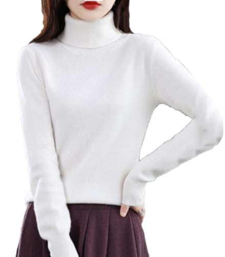 100% Merino Wolle Kaschmir Pullover Frauen Strickpullover Langarm Rollkragen Pullover Winter Warme Pullover Tops, weiß, M von Generic