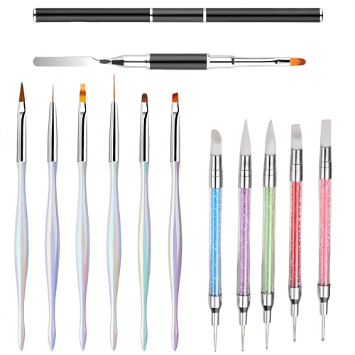 12pcs professionelles Nagelkunstpinsel,Liner Pinsel,Acryl Gelnagelverlängerungsbürste,doppelte Silikon-Nagel-Skulptur-Doting-Stift-Werkzeuge,Pinsel & Picker 2 in 1 Design für Maniküre,Heimsalon-Kit von Generic