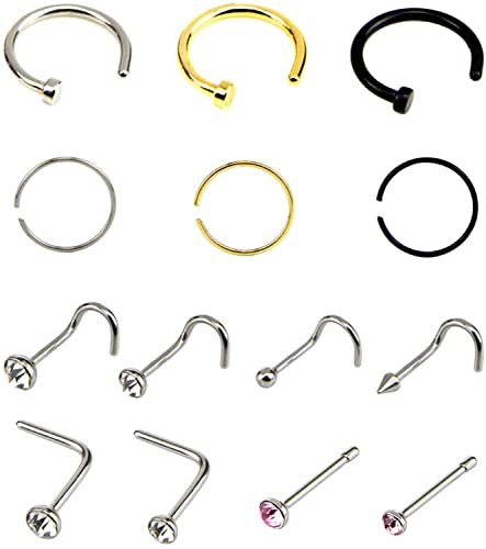 14 Stück/Set Mix Form Unisex Nasenstecker Edelstahl Piercing Schmuck Nicht durchbohrt Clip auf Nasenring Ringe Schmuck für Frauen Männer-Mehrfarbig Deft verarbeitet von Generic