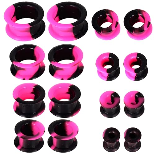 16 Stück Silikon Ohr Tunnel Plug, Hollow Silikon Tunnel Plugs Weich Silicone Double Flared Flexible Stretching Expander 6-20mm Ohr Expander Piercing für Männer Frauen (Schwarz+Rosa) von Generic