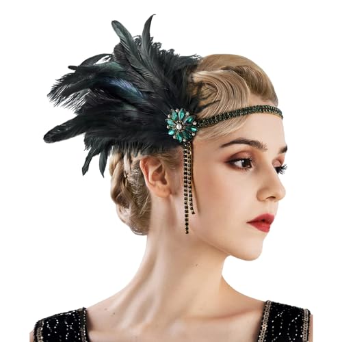 1920er Jahre Feder Flapper Bunt Stirnbänder Schwarz Feder Kristall Stirnband Damen Vintage Flapper Kopfbedeckung 20er Jahre Thema Cocktail Haarschmuck für Kostüm Abschlussball (Green, One Size) von Generic