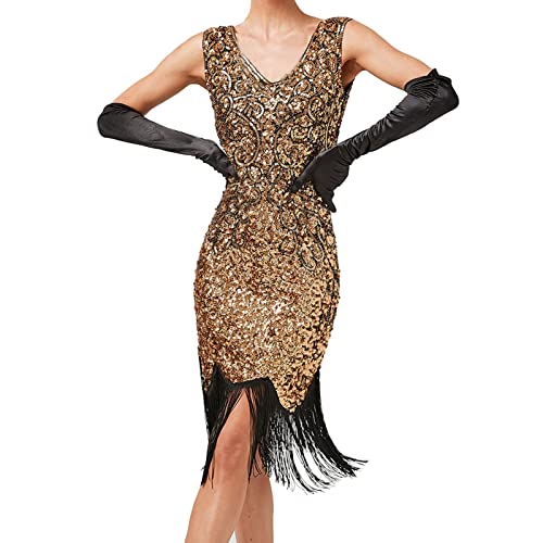 1920er Kleider Damen Gatsby Kleid Charlstenkleid Damen Fransenkleid V-Ausschnitt Pailletten Knielang Charleston Kleid Gatsby Motto Party Damen Fasching Kostüm Kleid von Generic