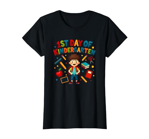 1st Day of Kindergarten Boy Meilenstein Schulbedarf T-Shirt, Damen, Schwarz, XS von Generic