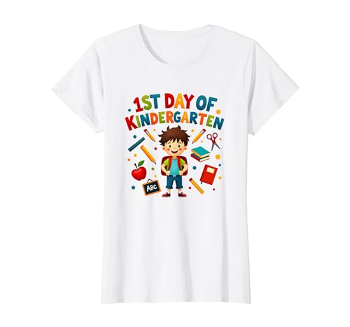 1st Day of Kindergarten Boy Meilenstein Schulbedarf T-Shirt, Damen, Weiß, XS von Generic