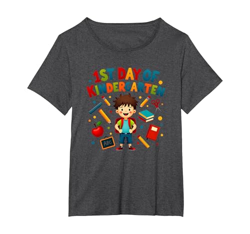1st Day of Kindergarten Boy Meilenstein Schulbedarf T-Shirt, Damen Große Größen, Anthrazit Meliert, 6X von Generic