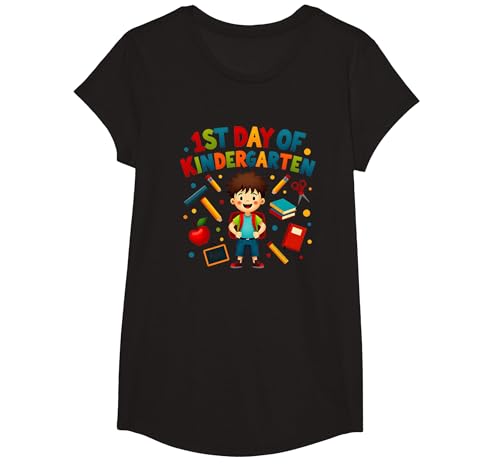 1st Day of Kindergarten Boy Meilenstein Schulbedarf T-Shirt, Girls, Schwarz, XS von Generic