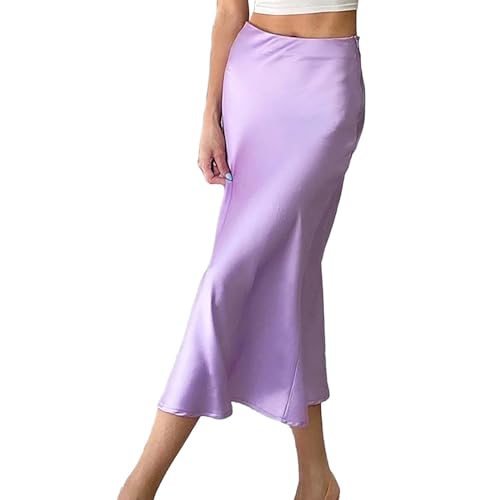 2 H 2023 Rock Europäischer und amerikanischer Drape Satin Lila Mittellanger Rock mit hoher Taille und Hüfte in A-Linie Kurzer Minirock Sexy (Purple, S) von Generic