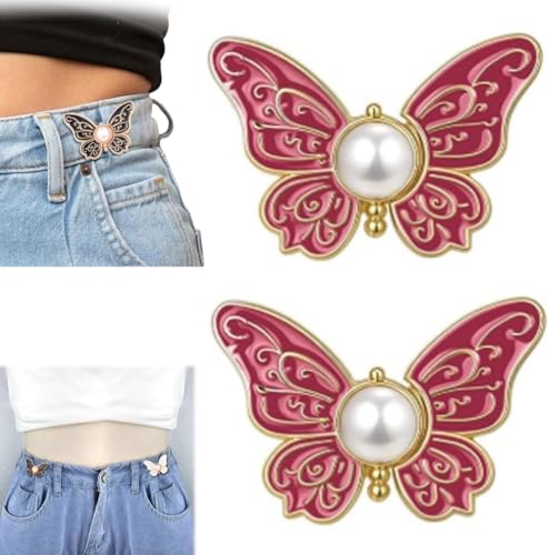 2-Pack Detachable Butterfly Clips,Adjustable Pant Waist Tightener,Reusable Butterfly Waist Cinching Button Pins,No-Sew Instant Waist Buckles for Loose Jeans Jackets Coats Shirts Overalls (Rose) von Generic