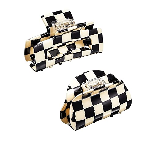 2 Pack Haarkrallen Clips Checker Haarspangen Bananen Haarspangen Acryl Schwarz Weiß Vintage Kiefer Clips Französisch Schildpatt Grip Pin Zähne Klemme Starker Halt Haarschmuck für Frauen Mädchen von Generic