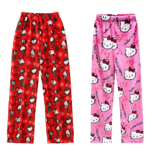 2 Pack Hello Kἰtty Pyjama Hose Weihnachten, Damen Schlafanzughose Hosen Lang Flanell Damen Schlafhose Weich Pyjamas Anime Y2K Bequeme Warme Pyjamahose Ideal zum Schlafen Lounge von Generic