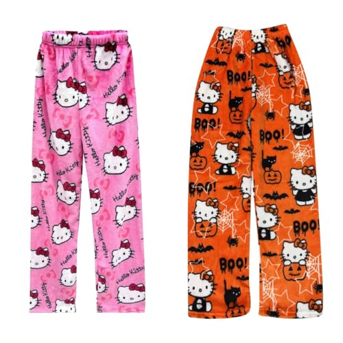 2 Pack Hello Kἰtty Pyjama Hose Weihnachten, Damen Schlafanzughose Hosen Lang Flanell Damen Schlafhose Weich Pyjamas Anime Y2K Bequeme Warme Pyjamahose Ideal zum Schlafen Lounge von Generic