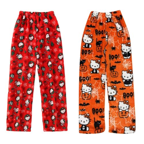 2 Pack Hello Kἰtty Pyjama Hose Weihnachten, Schlafanzughose Damen Hosen Lang Flanell Damen Schlafhose Weich Pyjamas Anime Y2K Bequeme Warme Pyjamahose Teenager Mädchen Frauen von Generic