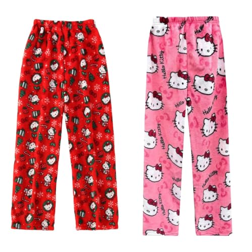 2 Pack Hello Kἰtty Pyjama Hose Weihnachten, Schlafanzughose Damen Hosen Lang Flanell Damen Schlafhose Weich Pyjamas Anime Y2K Bequeme Warme Pyjamahose Teenager Mädchen Frauen von Generic