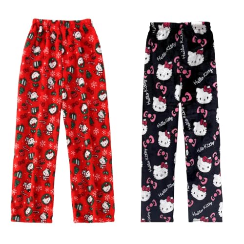2 Pack Hello Kἰtty Pyjama Hose Weihnachten, Schlafanzughose Damen Hosen Lang Flanell Damen Schlafhose Weich Pyjamas Anime Y2K Bequeme Warme Pyjamahose Teenager Mädchen Frauen von Generic