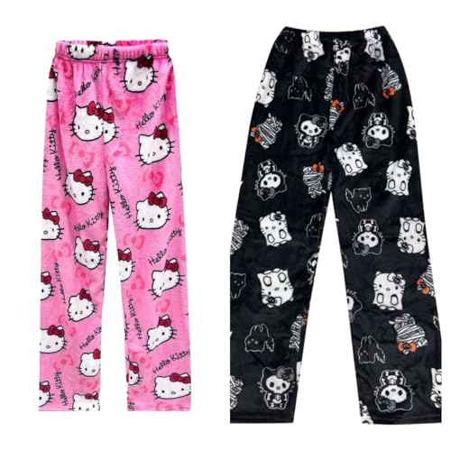 2 Pack Hello Kἰtty Pyjama Hose Weihnachten, Schlafanzughose Damen Hosen Lang Flanell Damen Schlafhose Weich Pyjamas Anime Y2K Bequeme Warme Pyjamahose Teenager Mädchen Frauen von Generic