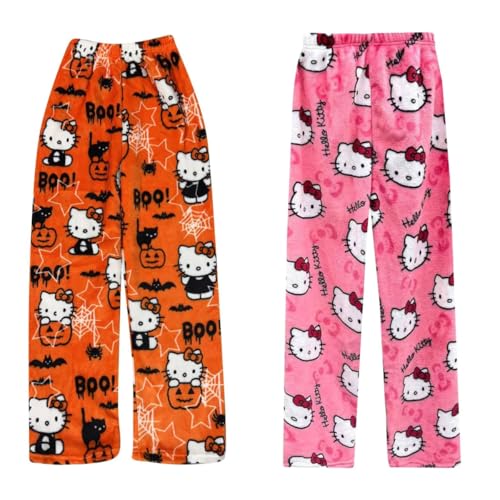 2 Pack Hello Kἰtty Pyjama Hose Weihnachten, Schlafanzughose Damen Hosen Lang Flanell Damen Schlafhose Weich Pyjamas Anime Y2K Bequeme Warme Pyjamahose Teenager Mädchen Frauen von Generic