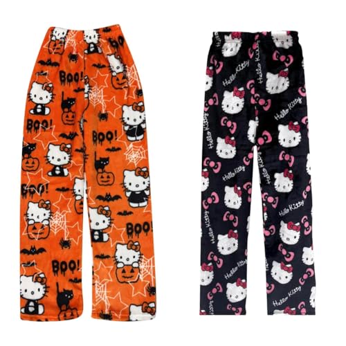 2 Pack Hello Kἰtty Pyjama Hose Weihnachten, Schlafanzughose Damen Hosen Lang Flanell Damen Schlafhose Weich Pyjamas Anime Y2K Bequeme Warme Pyjamahose Teenager Mädchen Frauen von Generic