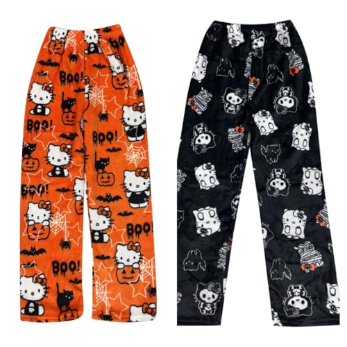 2 Pack Hello Kἰtty Pyjama Hose Weihnachten, Schlafanzughose Damen Hosen Lang Flanell Damen Schlafhose Weich Pyjamas Anime Y2K Bequeme Warme Pyjamahose Teenager Mädchen Frauen von Generic