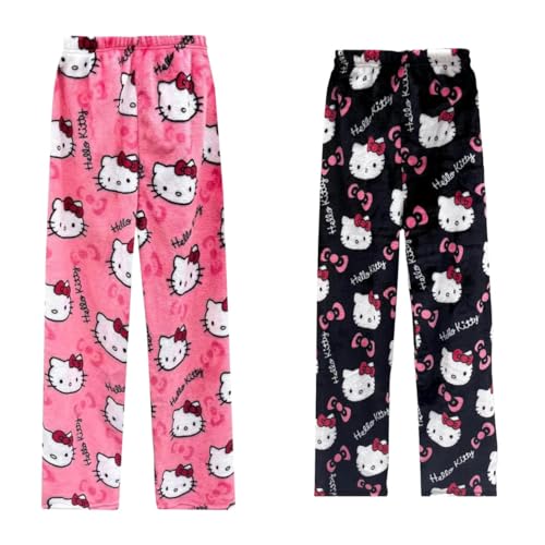 2 Pack Hello Kἰtty Pyjama Hose Weihnachten, Schlafanzughose Damen Hosen Lang Flanell Damen Schlafhose Weich Pyjamas Anime Y2K Bequeme Warme Pyjamahose Teenager Mädchen Frauen von Generic