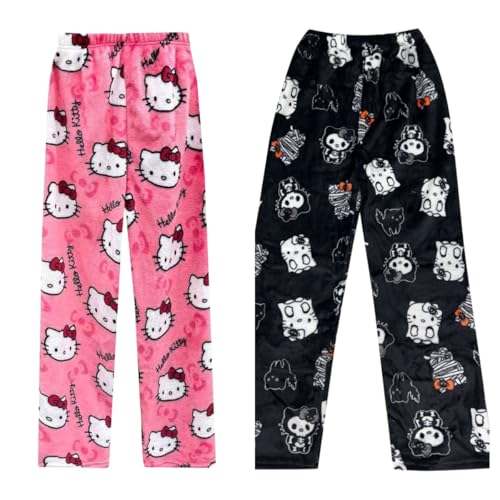 2 Pack Hello Kἰtty Pyjama Hose Weihnachten, Schlafanzughose Damen Hosen Lang Flanell Damen Schlafhose Weich Pyjamas Anime Y2K Bequeme Warme Pyjamahose Teenager Mädchen Frauen von Generic