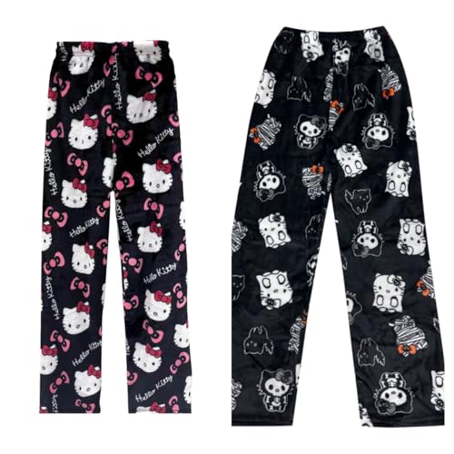 2 Pack Hello Kἰtty Pyjama Hose Weihnachten, Schlafanzughose Damen Hosen Lang Flanell Damen Schlafhose Weich Pyjamas Anime Y2K Bequeme Warme Pyjamahose Teenager Mädchen Frauen von Generic