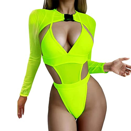 2 Stück Frauen Rave Outfits Neon Body Crop Top Langarm Mesh mit Schnalle für Festival Club Party Damen Kleidung Unter 5 von Generic