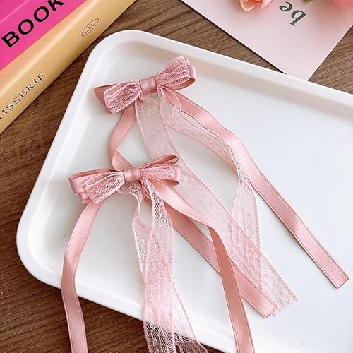 2 Stück Frauen Spitze Bowtie Haar Clips Spitze Haar Bögen Clips mit langen Schwanz Süße Stoff Haarnadeln Trend ige lange Band Stirnbänder, entzückende Haars pangen für Damen und Mädchen von Generic