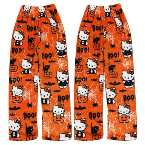 2 Stück 𝐇𝐞𝐥𝐥𝐨 𝐊𝐢𝐭𝐭𝐲 Pyjama Hose Damen Pyjamahose Lang Flanell Schlafanzug Hosen Kitty Schlafanzughose Anime Cartoon Kawaii Weich Bequeme Warme Schlafhose für Frauen Teenager Mädchen von Generic