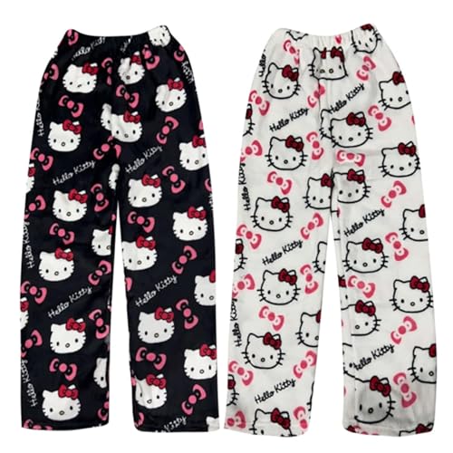 2 Stück 𝐇𝐞𝐥𝐥𝐨 𝐊𝐢𝐭𝐭𝐲 Pyjama Hose Damen Pyjamahose Lang Flanell Schlafanzug Hosen Kitty Schlafanzughose Anime Cartoon Kawaii Weich Bequeme Warme Schlafhose für Frauen Teenager Mädchen von Generic