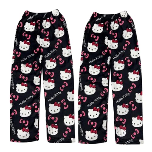 2 Stück 𝐇𝐞𝐥𝐥𝐨 𝐊𝐢𝐭𝐭𝐲 Pyjama Hose Damen Pyjamahose Lang Flanell Schlafanzug Hosen Kitty Schlafanzughose Anime Cartoon Kawaii Weich Bequeme Warme Schlafhose für Frauen Teenager Mädchen von Generic